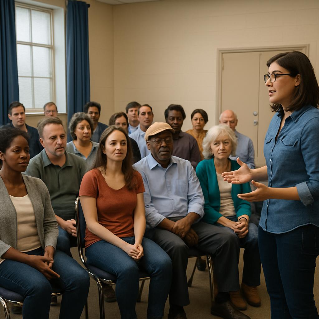 A diverse group of people sitting in a room with one woman standing in front of them and speaking.