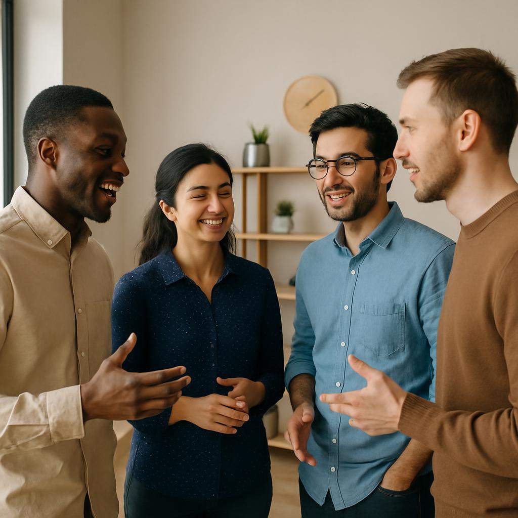 A group of four individuals, composed of two men and two women of various ethnicities, stand in close-knit proximity,. Eac...